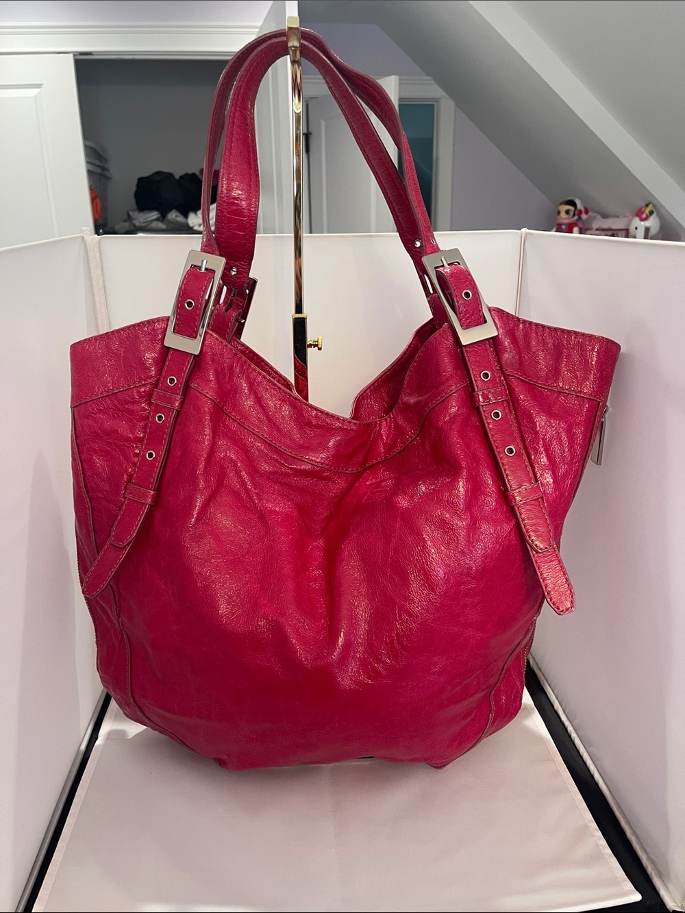 Kooba Hot Pink Leather Tote with Silver Buckle Accents
